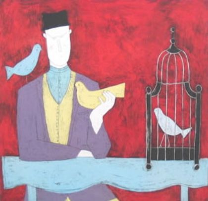 Picture of Man With Bird Cage - Red